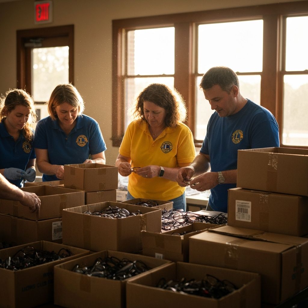 Lions Club volunteers sorting donated eyeglasses